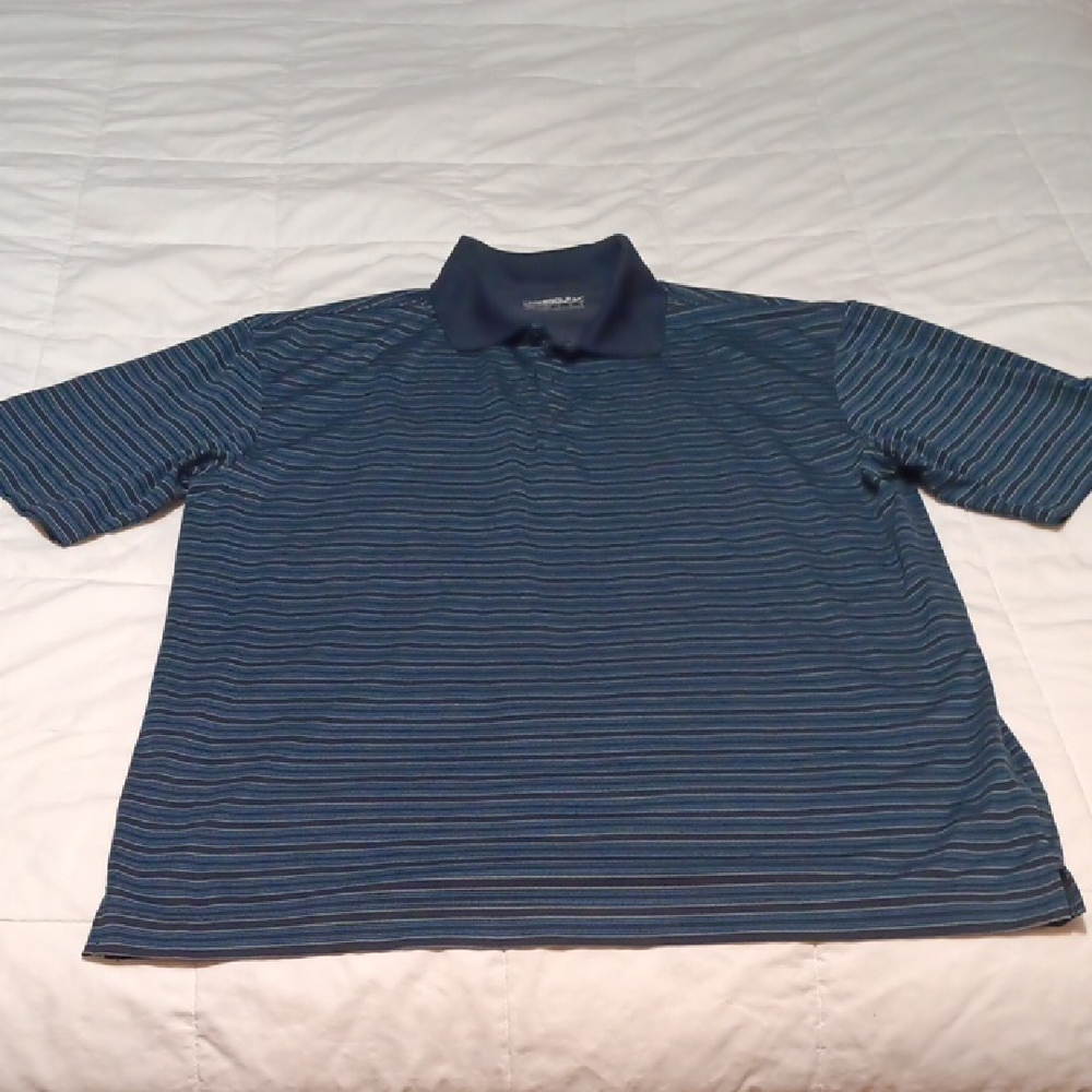 Nike Men's Navy and Light Blue Striped Polo Golf